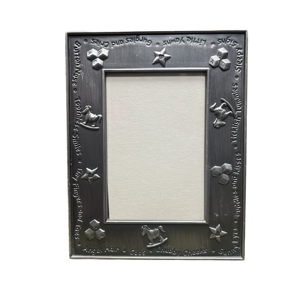 Vtg Pewter Embossed Baby Picture Frame Blocks Rocking Horses Fits 3.5"x5"